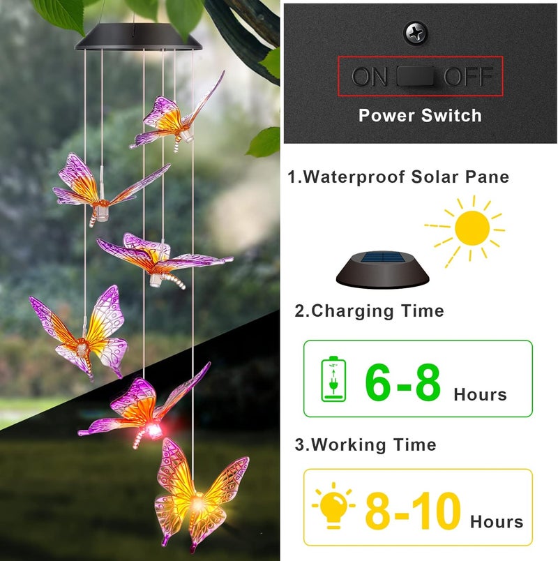 DesGully Butterfly Wind Chimes, Solar Wind Chimes/Wind Chimes for Outside Color Changing (Gifts for mom/Gift for Grandmom/Gift for Women) Thanksgiving Gift Butterfly Gift - Image 2